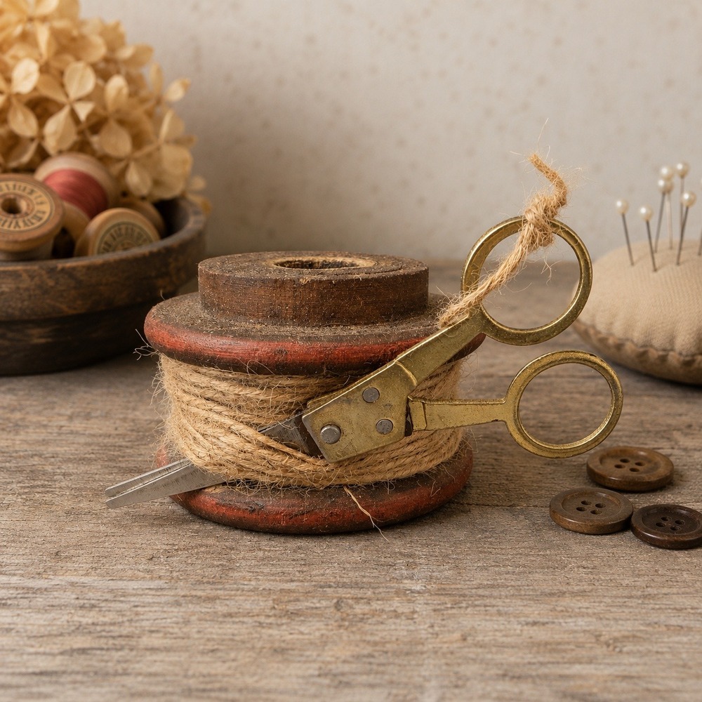 Primitive Flat Twine Red Wooden Spool & Scissors Rustic Farmhouse Decor